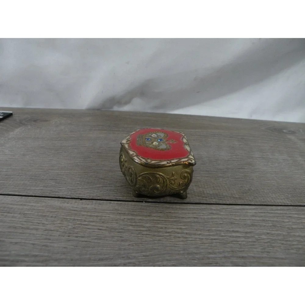 Japan Vintage Footed Trinket Box S Gold Metal Red Velvet Lining